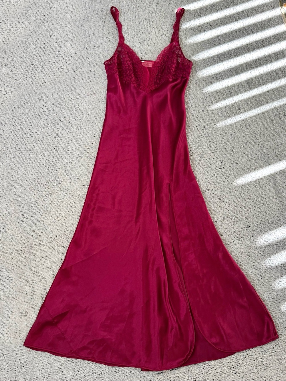 Vintage Victoria's Secret Satin Lace-Trim Slip Dress - Berry Red Size M